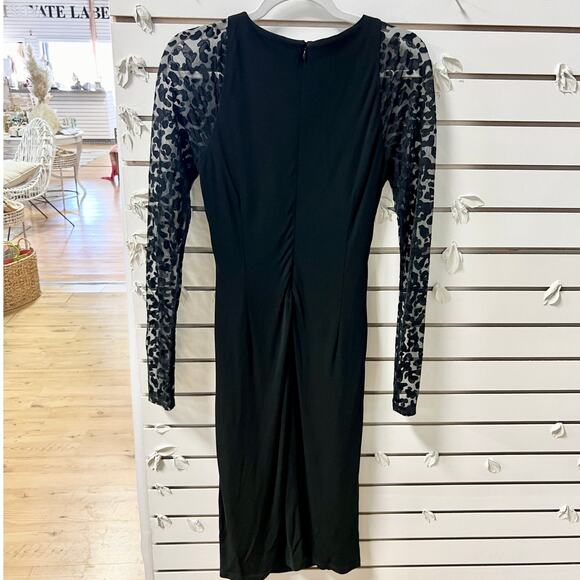 David Meister Leopard Print Sheer Sleeve Ruched Side Midi Sheath Dress Black 6 - Picture 5 of 6
